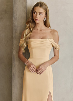 Azazie Saige Bridesmaid Dresses Gold Sheath Off the Shoulder Stretch Satin Dress image2