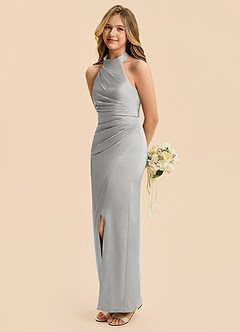 Azazie Jemma Junior Silver Sheath Ruched Stretch Satin Dress image5