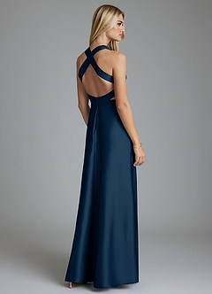 Azazie Raelynn Final Sale Dark Navy A-Line Pleated Stretch Satin Dress image2