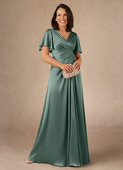 Azazie Emmeline Mother of the Bride Dresses Sea Moss A-Line Pleated Stretch Satin Dress image1