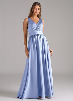 Azazie Kora Essayer des robes à la maison Robe Trapèze en Satin extensible Plissée Bleu Poussiéreux image1