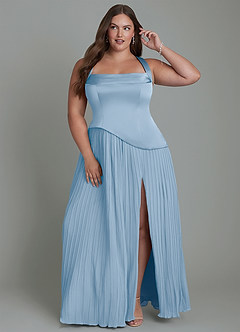 Azazie Stephanie Robes de demoiselle d'honneur Robe Trapèze en Satin extensible Plissé Poudre Bleue image7