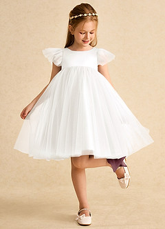 Azazie Munchkin Flower Girl Dresses Ivory Sangria A-Line Bow Tulle Dress image3