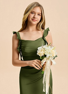 Azazie Jessamine Junior Olive A-Line Ruched Stretch Satin Dress image8