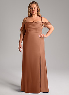 Azazie Saige Jurken voor bruidsmeisjes Jurk van Stretch Satijn met Kolom Off the Shoulder Bronzeertint image15