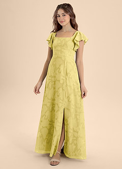 Azazie Bondi Junior Canary A-Line Bow Floral Burnout Dress image1