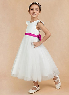 Azazie Hemi Flower Girl Dresses Ivory Fuchsia A-Line Bow Tulle Dress image4