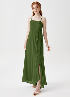 Azazie Kaylee Junior A-Linie Gürtel/Schärpe Gittergewebe Kleid Olivgrün image3