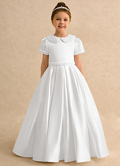 Azazie Gabriella Flower Girl Dresses White Ball-Gown with Sleeves Matte Satin Dress image4