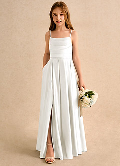 Azazie Reia Junior Formal Jurken voor bloemenmeisjes A-Lijn Jurk van Mat Satijn Geplooid Ivoor image5