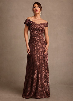Azazie Bernadette Vestidos para mãe da noiva Vestido Café Expresso de Esgotamento Floral de Linha A com Ombros Caídos image1
