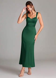 Azazie Denice 신부 들러리 드레스 쉬스 주름진 스트레치 새틴 발목 길이 드레스 image1