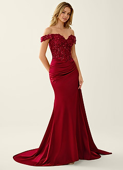 Helia Rot Off-Shoulder Korsett Gerafft Satin Meerjungfrau Kleid image3