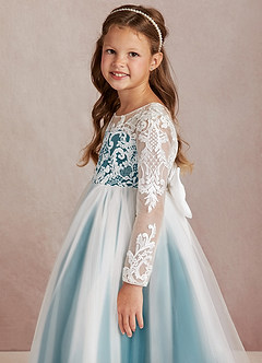Azazie Elodie Flower Girl Dresses Ivory Ink Blue Ball-Gown Lace Dress image6
