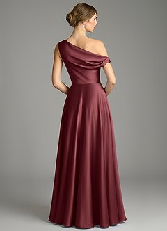 Azazie Xanthe Bridesmaid Dresses Merlot A-Line Off the Shoulder Stretch Satin Dress image2