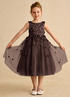 Azazie Lana Blumenmädchenkleider A-Linie ärmellos Matte Satin Kleid Ganache image1