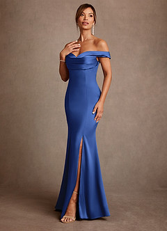 Azazie Boone Mother of the Bride Dresses Royal Blue Mermaid Off the Shoulder Stretch Satin Dress image4