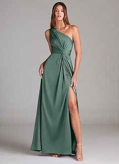 Azazie Brooke Brautjungfernkleider A-Linie One-Shoulder Stretch-Satin Kleid Eukalyptus image1
