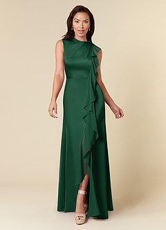 Azazie Narine Mother of the Bride Dresses Dark Green A-Line High Neckline Pleated Stretch Satin Dress image3