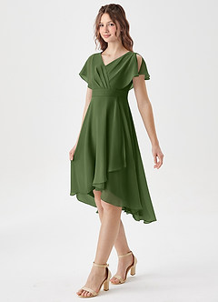 Azazie Graciela Junior Olive A-Line Pleated Chiffon Dress image4