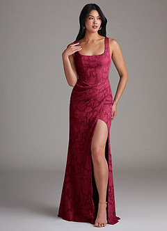 Azazie Mero Bridesmaid Dresses Burgundy Sheath Pleated Floral Burnout Dress image1