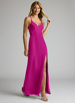 Azazie Becca Bridesmaid Dresses Fuchsia Sheath V-Neck Chiffon Dress image2