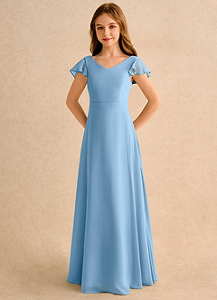 Azazie Nari Girls Formal Robe Demoiselle D'honneur Fillette Robe Trapèze en Mousseline de soie avec manches Acier Bleuté image6