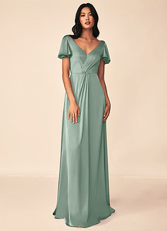 Azazie Soren Bridesmaid Dresses Agave A-Line Pleated Stretch Satin Dress image1