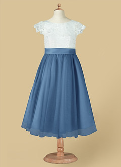 Azazie Vetty Flower Girl Dresses Ivory Steel Blue A-Line Lace Tulle Dress image12