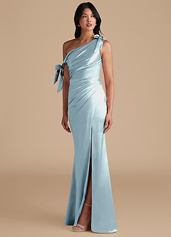 Azazie Xyla Bridesmaid Dresses Sky Blue Sheath Off the Shoulder Metallic Satin Convertible Dress image6