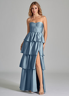 Azazie Faye Bridesmaid Dresses Dusty Blue A-Line Ruched Stretch Satin Dress image4