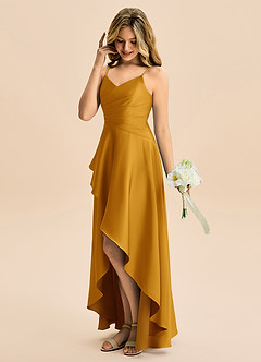 Azazie Eirlys Junior Robe Trapèze en Satin extensible Plissée Caramel écossais image3