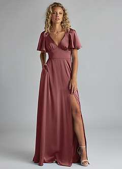 Azazie Kimber Bridesmaid Dresses Amethyst A-Line Ruched Stretch Satin Dress image1