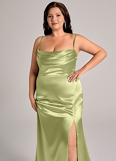 Azazie Saige Bridesmaid Dresses Pistachio Sheath Off the Shoulder Metallic Satin Convertible Dress image15