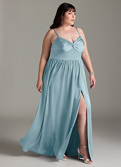 Azazie Zeya Robes de demoiselle d'honneur Robe Trapèze en Satin extensible Plissée Bleu Maussade image12