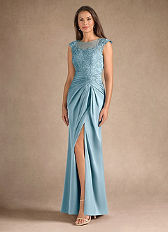 Azazie Santa Barbara Mother of the Bride Dresses Moody Blue Sheath Pleated Stretch Satin Dress image2