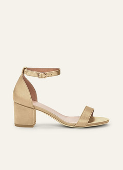 Matching Color Metallic Satin One Strap Buckle Block Heel Sandals