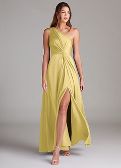 Azazie Brooke Robes de demoiselle d'honneur Robe Trapèze en Satin extensible Une épaule Canari image4