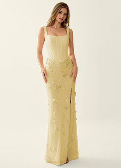 Belinda Yellow 3D Flowers Corset Lace Up Back Mermaid Prom Dress image3