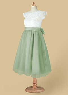 Azazie Vetty Flower Girl Dresses Ivory Dusty Sage A-Line Lace Tulle Dress image10