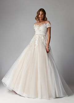 Azazie Cindy Wedding Dresses A-Line Illusion Off-The-Shouler Lace Tulle Chapel Train Dress image5