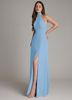 Azazie Myra Bridesmaid Dresses Powder Blue A-Line High Neck Chiffon Dress image6