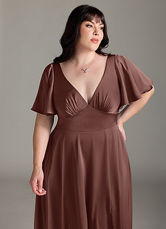 Azazie Kimber Brudtärnklänningar Klänning av A-Line i Stretch Satin Ruched Espresso image11