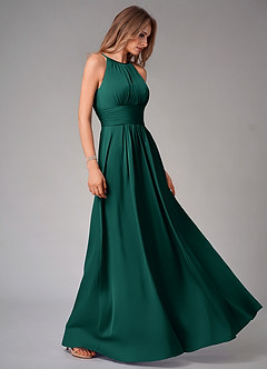 Azazie Bonnie Bridesmaid Dresses Emerald A-Line Pleated Stretch Satin Dress image4
