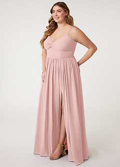 Azazie Zeya Vestidos de damas de honor Vestido de Rosa Empolvado de Gasa de Corte en A con Cuello en V plisado image8