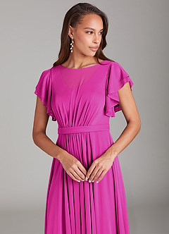 Azazie Daphne Modest Bridesmaid Dresses A-Line Ruched Mesh Floor-Length Dress image4