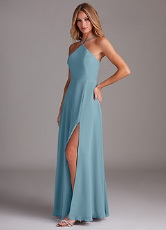 Azazie Bailey Bridesmaid Dresses Moody Blue A-Line Halter Side Slit Chiffon Dress image3