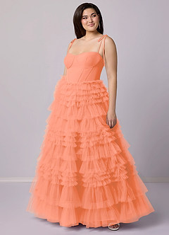 Barbie ♥ Azazie Robes de demoiselle d'honneur Robe Trapèze en Tulle Encolure en Forme de Cœur Coucher De Soleil image9