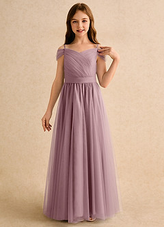 Azazie Yuna Junior Formal Flower Girl Dresses Dusty Rose A-Line Off the Shoulder Tulle Dress image6