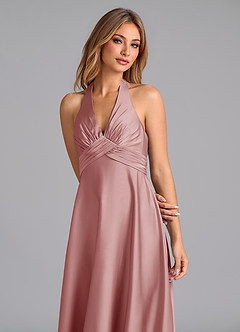 Azazie Tessie Vestidos de damas de honor Vestido de Rosa Polvorienta de Satén Elástico de Corte en A con Plisado image3